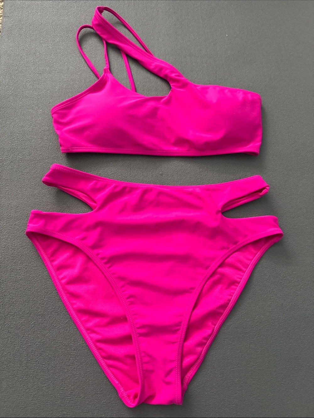 High-Waist One-Shoulder Bikini Set in Hot Pink